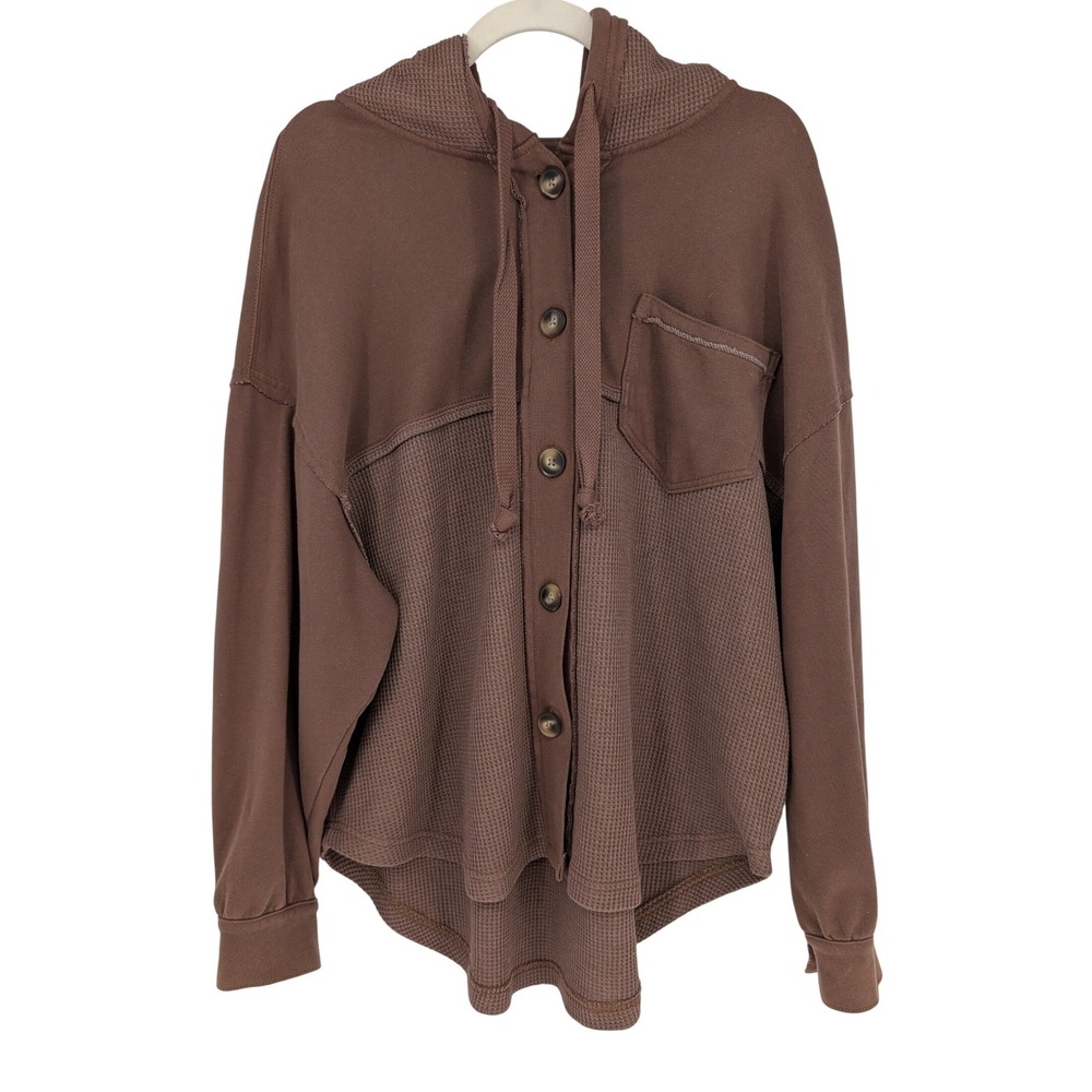 American Eagle Hoodie Shacket Women XS/S Brown Waffle Knit Button Up Lounge Boho